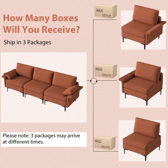 Large linen fabric 3-seat modular sofa sectional with USB ports, metal legs, and high-density cushions.