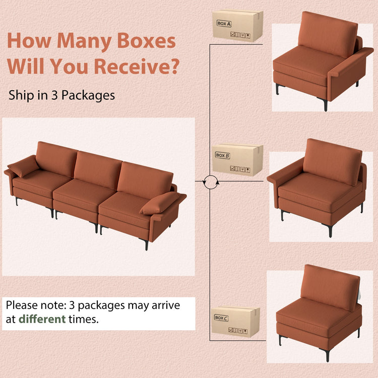 Large linen fabric 3-seat modular sofa sectional with USB ports, metal legs, and high-density cushions.