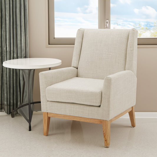 Beige Mid-Century Modern accent chair with padded cushion seat, ideal for home or office seating, by V.I.P Digital Presence