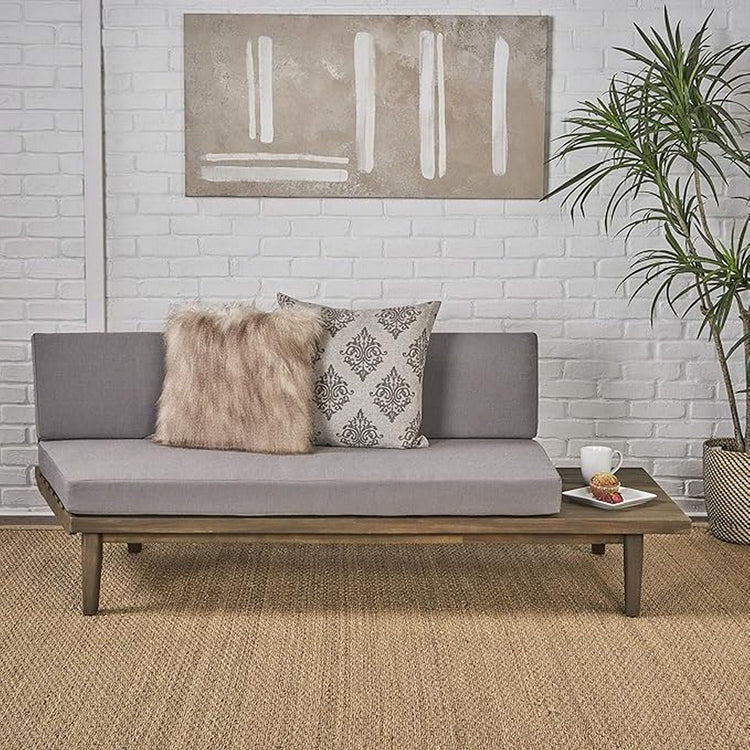 HouseOfZazla Hillcrest 2 Seater Outdoor Sofa with acacia wood frame and cushioned seating for patio lounging.