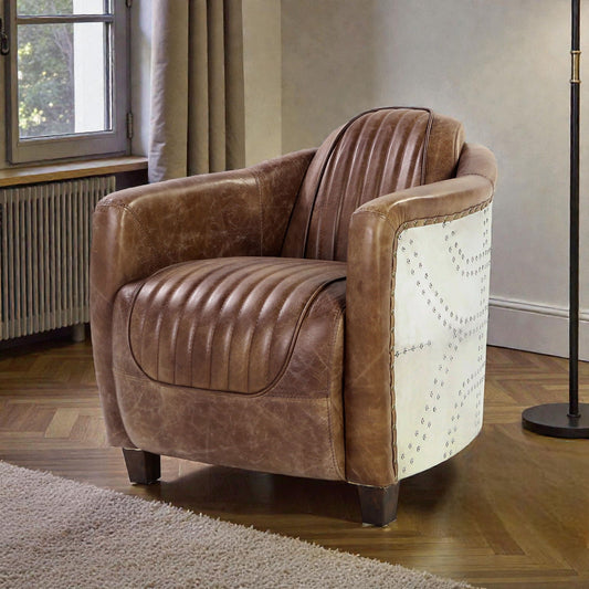 HouseOfZazla Brancaster Brown Grain Leather Vintage Armchair with upholstered armrests and sturdy wooden legs.