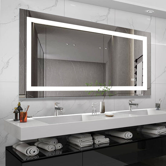 Modern large bathroom mirror with shatterproof glass and LED lights