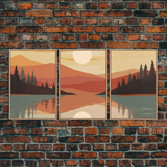 Sunset Forest 3-piece framed canvas wall art set by NuevArt featuring boho abstract sunset and forest designs on light oak backgrounds.