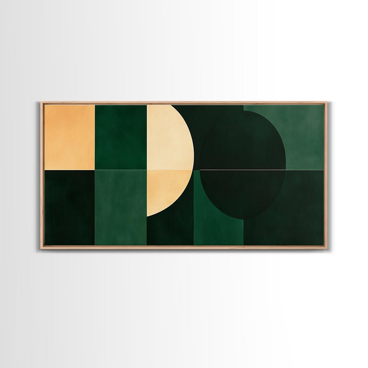 Emerald green geometric wall art by NuevArt, mid-century modern canvas print with abstract shapes on a neutral background.