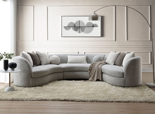Gray Ivria Boucle U-Shape sectional sofa by HouseOfZazla with curved design, wooden frame, and nine down feather pillows.