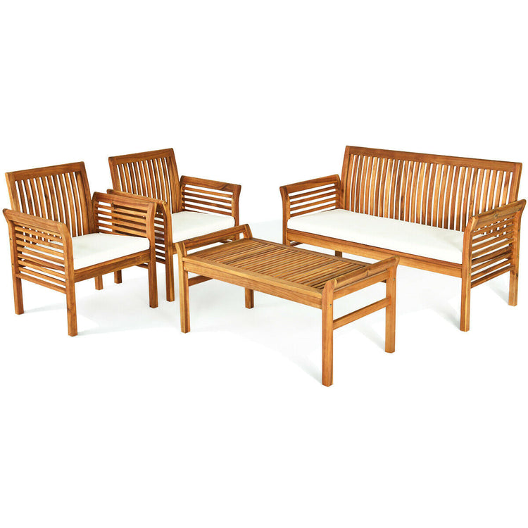 Outdoor furniture set of 4 with modular acacia wood patio seating, featuring sturdy wood tables and comfortable chairs.