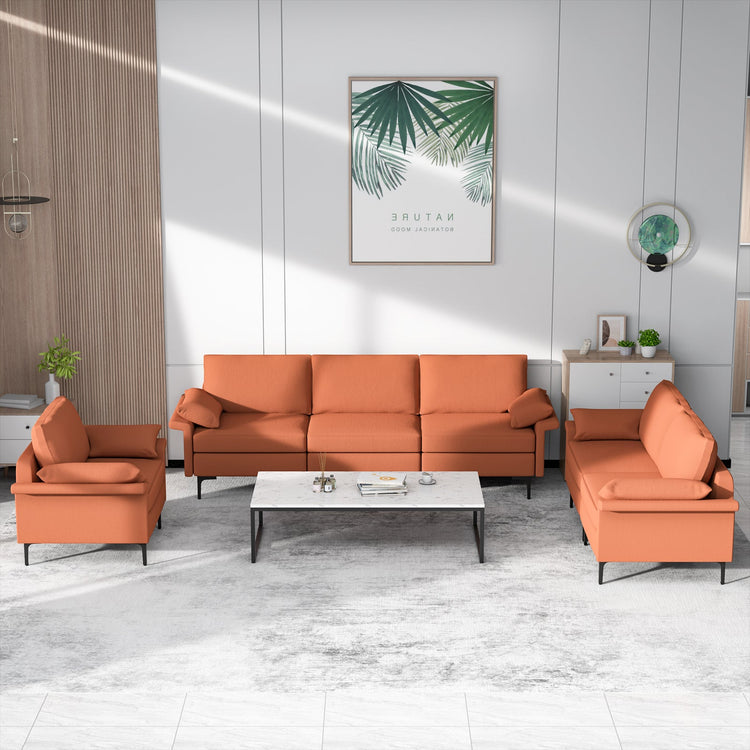 Large 3-seat linen fabric sectional sofa with USB ports, metal legs, and high-density cushions, ideal for modern living rooms.