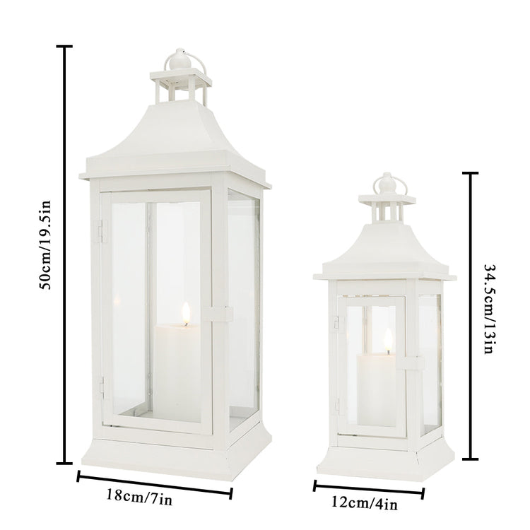 Set of two JHY DESIGN outdoor decorative candle lanterns, 19.5 and 13 inches tall with glass panels and metal frames.