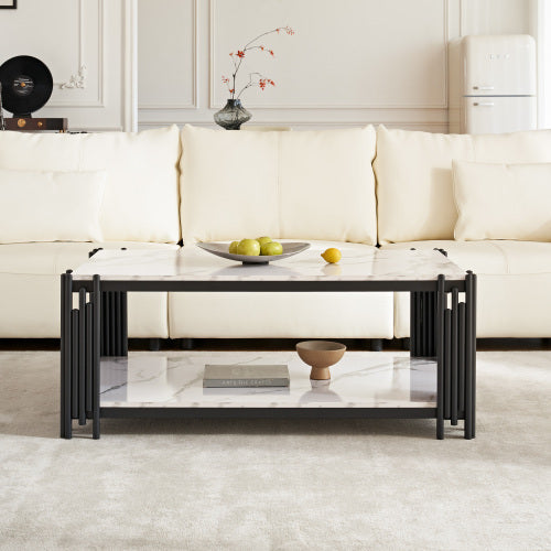 Marble Patterned Coffee Table With Storage Rack