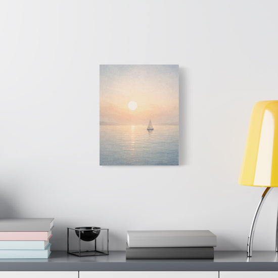 Sailboat sunrise coastal canvas wall art featuring a serene seascape print with neutral beach decor tones.