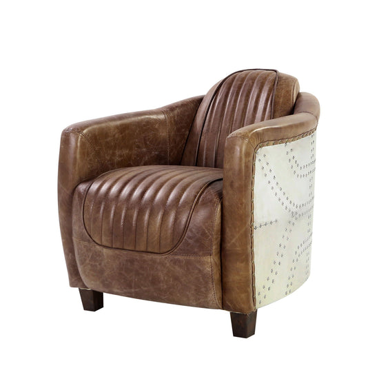 HouseOfZazla Brancaster Brown Grain Leather Armchair with vintage-style upholstered armchair design and sturdy wooden legs.