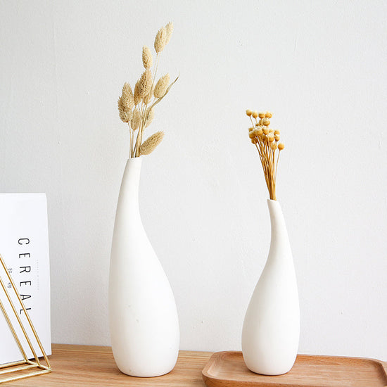 White ceramic water drop vase with dried flowers, modern design for home decor, by FLIPSTYLEZLLC.