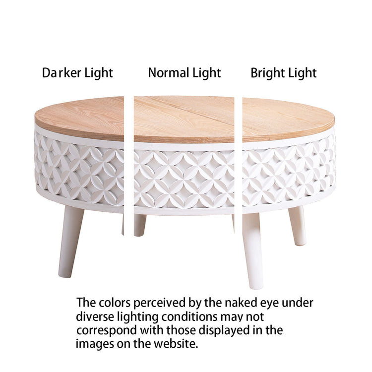 Boho farmhouse round coffee table with lift-top storage in natural wood finish, by HouseOfZazla.