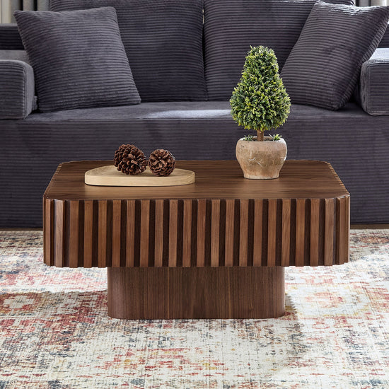 Walnut drum coffee table by HouseOfZazla, 31.5-inch round modern pedestal table with smooth wood finish and sleek design.