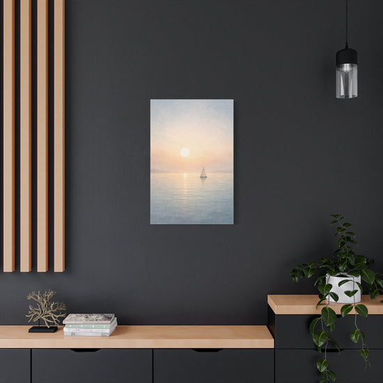 Sailboat sunrise coastal canvas wall art with neutral beach tones, perfect for seascape decor in a modern home or office.