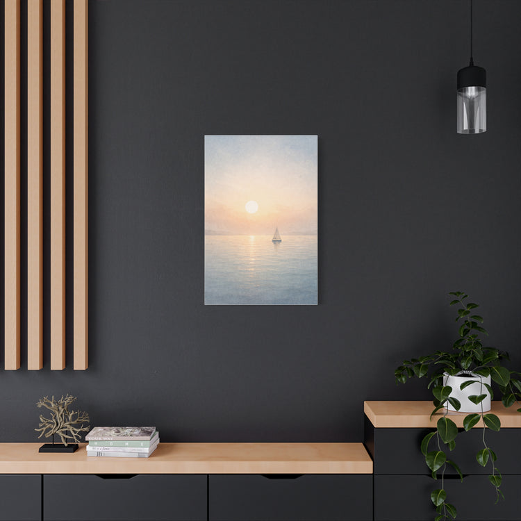 Sailboat sunrise coastal canvas wall art with neutral beach tones, perfect for seascape decor in a modern home or office.