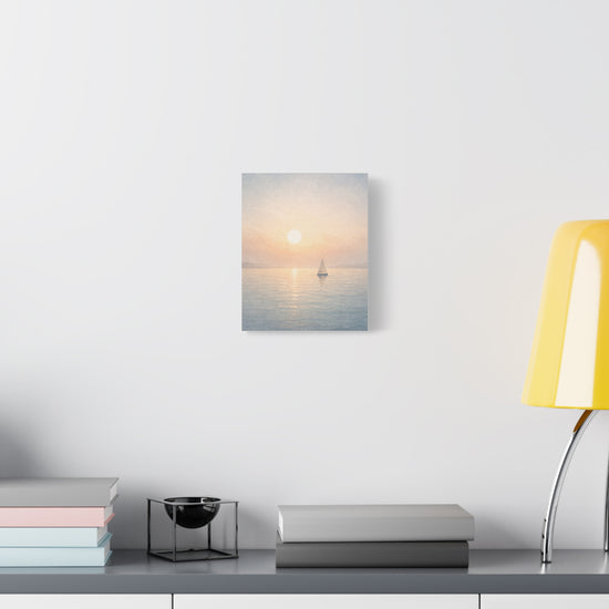 Canvas wall art of a sailboat at sunrise with coastal seascape design, neutral beach decor by Printify