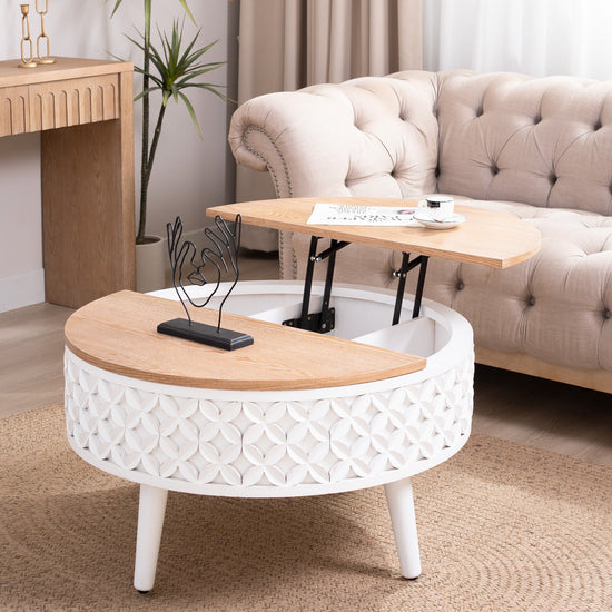 Boho farmhouse round lift-top coffee table with storage from HouseOfZazla, featuring a natural wood finish and stylish design.