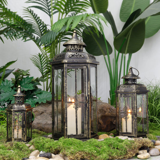 Set of 3 large metal and glass outdoor candle lanterns for patio decor, featuring classic decorative candle lantern design.