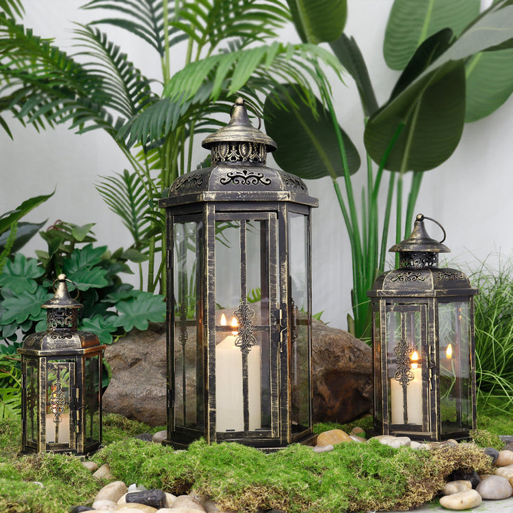 Set of 3 large metal and glass outdoor candle lanterns for patio decor, featuring classic decorative candle lantern design.