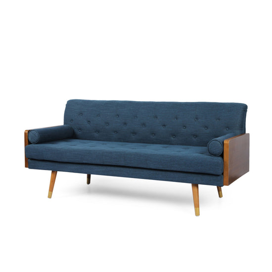 Grey Aidan Mid Century Modern tufted fabric sofa by HouseOfZazla, stationary couch with tufted backrest and sleek design.