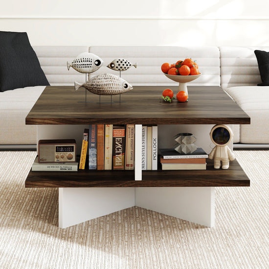 Walnut 2-tier square coffee table from DirectDeals with four storage compartments, modern design for living room use.