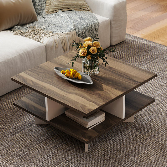 Square walnut 2-tier coffee table with four storage compartments, modern design, ideal for living room decor.