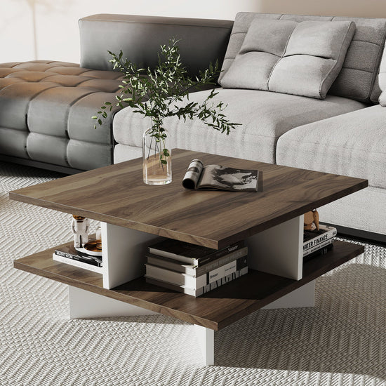 Square 2-tier walnut coffee table with storage compartments, featuring a modern design and four spacious sections.