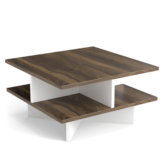 Walnut 2-tier square coffee table from DirectDeals with four storage compartments and modern design.