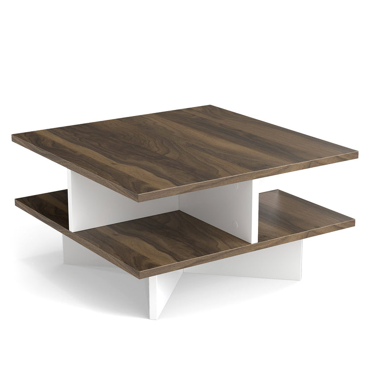 Walnut 2-tier square coffee table from DirectDeals with four storage compartments and modern design.