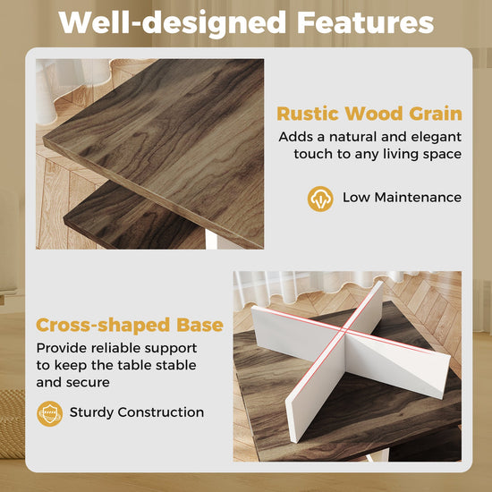 Walnut 2-tier square coffee table with four storage compartments, modern design, and clean lines for living room decor.
