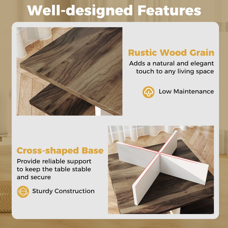 Walnut 2-tier square coffee table with four storage compartments, modern design, and clean lines for living room decor.