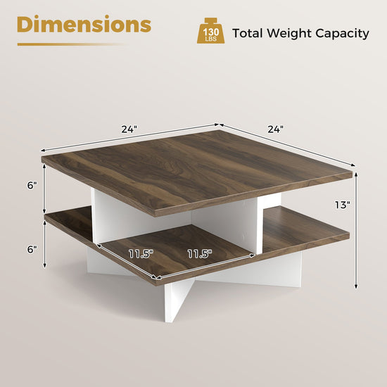 Square walnut 2-tier coffee table with storage compartments, featuring four open sections, perfect for living room organization.