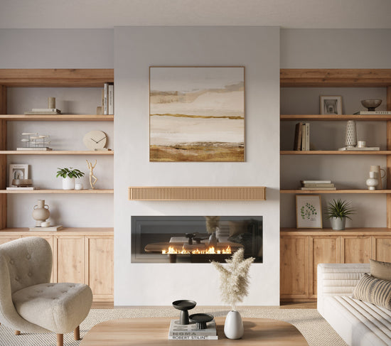 Wooden fluted fireplace mantel shelf by Dogberrycollections, showcasing a natural chestnut finish and detailed fluted design.