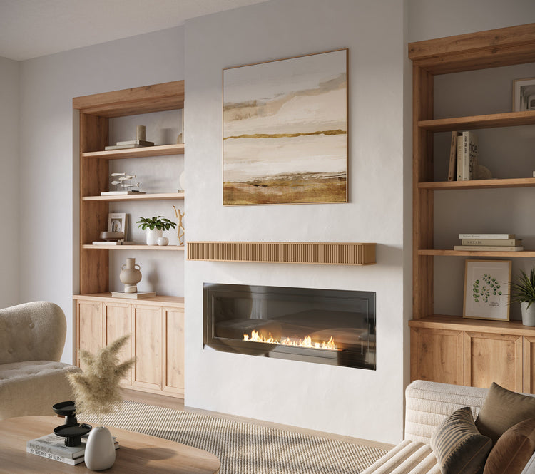 Fluted wooden fireplace mantel shelf by Dogberrycollections, showcasing detailed craftsmanship and a rich chestnut finish.
