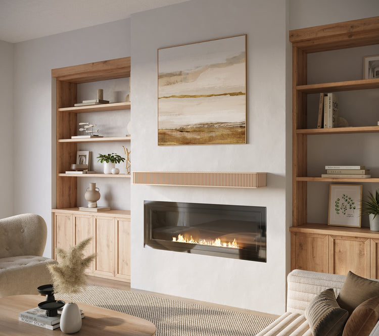 Natural wood fluted fireplace mantel shelf by Dogberrycollections, showing detailed carved fluted design and smooth finish.