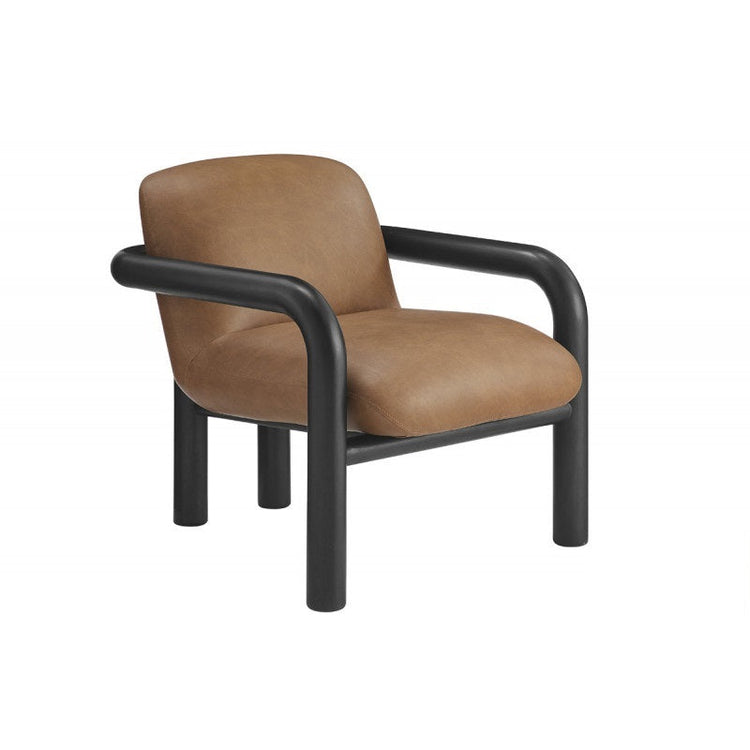 Modern faux leather accent chair with brown upholstery and black wood frame, stylish armchair from Gallery La La.