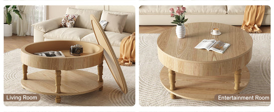 Round HouseOfZazla coffee table with lift-top dual storage, wood finish, ideal for living room organization and decor.