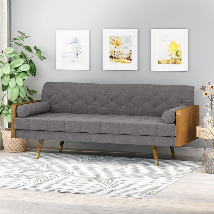 Grey fabric Aidan mid-century modern tufted sofa by V.I.P Digital Presence, showcasing plush cushions and sleek design.