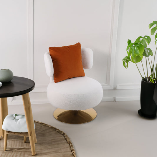 White swivel accent chair with round barrel design and 360° swivel feature, modern V.I.P Digital Presence lounge seating