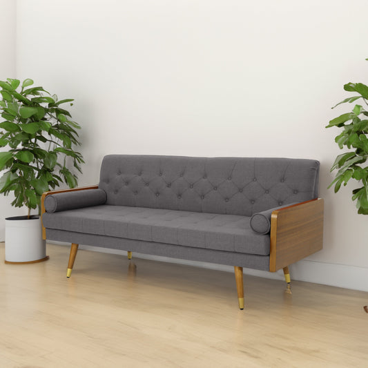Grey fabric Aidan mid-century modern tufted sofa by V.I.P Digital Presence, featuring sleek design and plush tufted cushions.