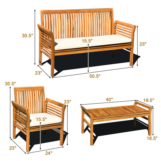 Outdoor furniture set of 4 with modular acacia wood patio seating, featuring cushions and modern design.