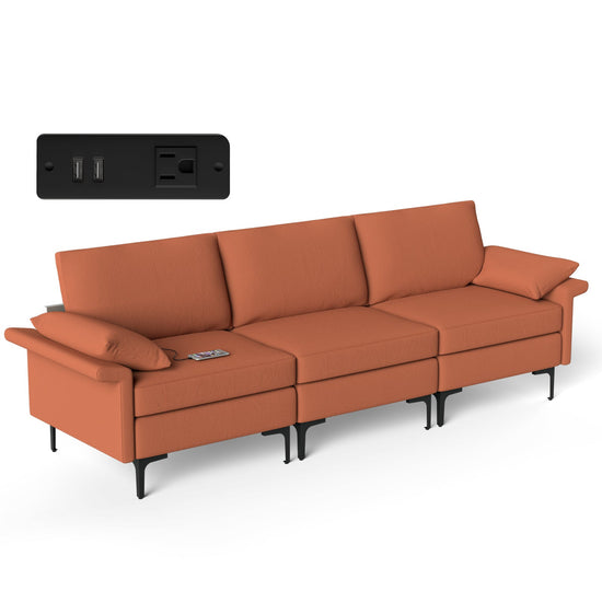 Large linen fabric 3-seat sectional sofa with metal legs, high-density cushions, and built-in USB ports for convenient charging.