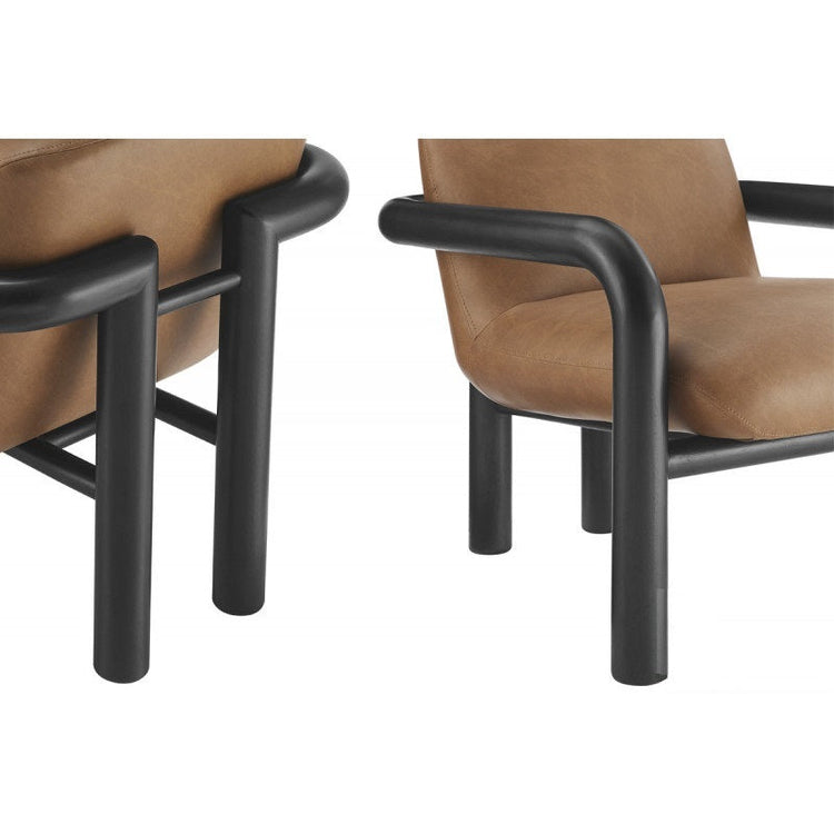 Modern faux leather accent chair with brown upholstery and black wood frame, showcasing a stylish armchair design.