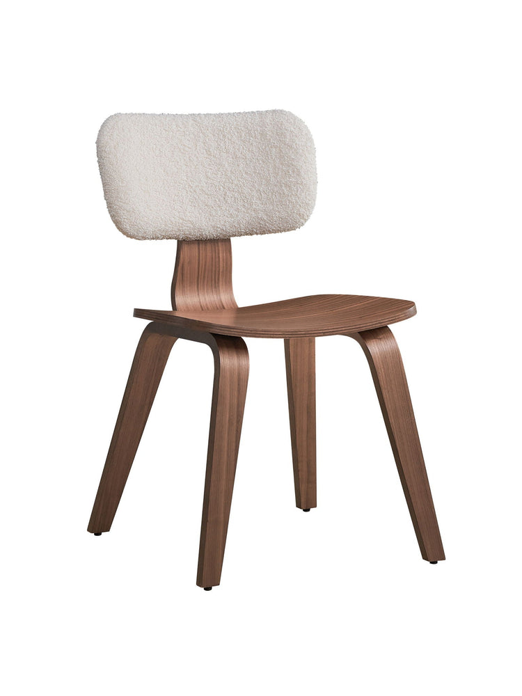 Pair of HouseOfZazla Casson Bouclé Walnut side chairs with white upholstery, showcasing modern dining chair set design.