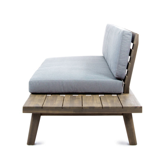HouseOfZazla Hillcrest 2 Seater outdoor sofa with acacia wood frame and cushioned seating for patio relaxation.