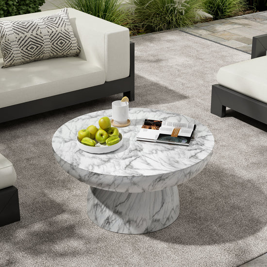 HouseOfZazla MGO Faux Marble Coffee Table, 27.5-inch round indoor and outdoor table with handcrafted finish.