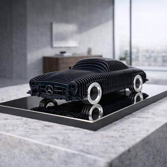 Modello Turbo handcrafted metal car sculpture featuring CNC laser-cut steel, aluminum alloy wheels, and titanium stainless steel base.