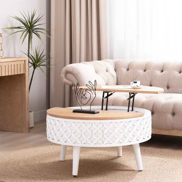 Round Boho Farmhouse Lift-Top Coffee Table by HouseOfZazla with storage, featuring a natural wood finish and round shape.