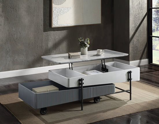 HouseOfZazla Wilkins lift top coffee table in gray white high gloss finish with metal legs and built-in storage.